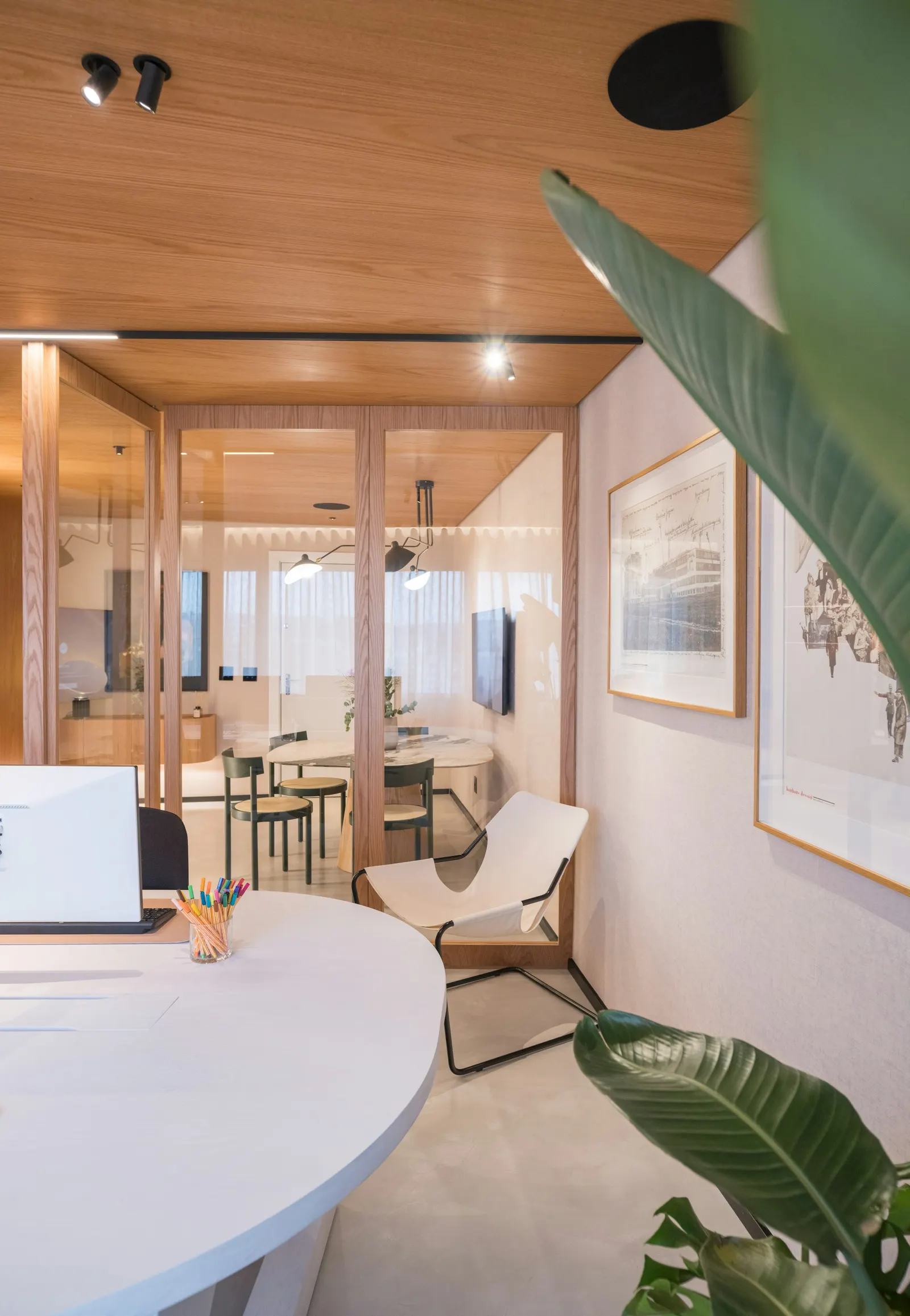 Warm boutique office interior with wood and natural light