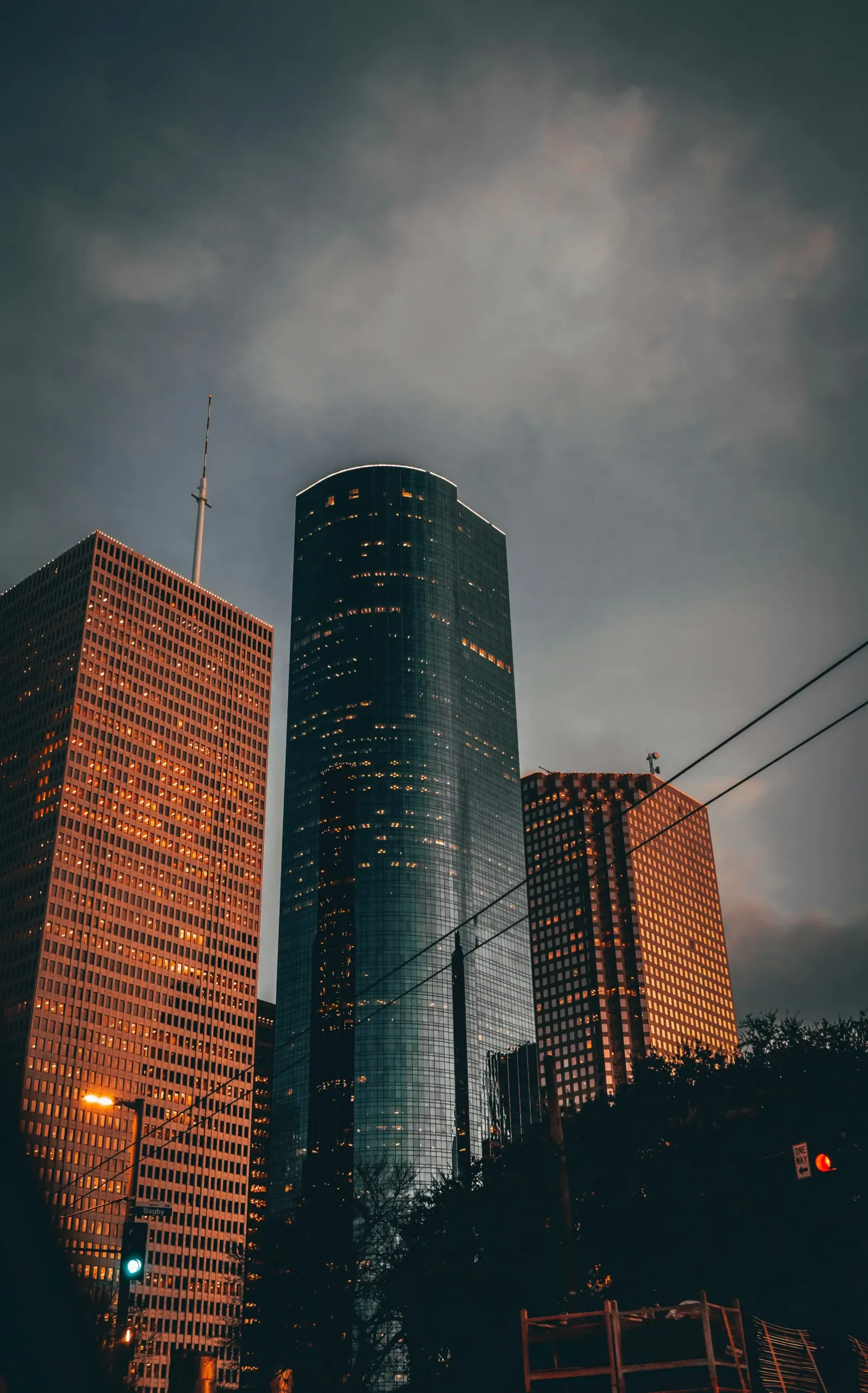 Downtown Houston skyline tower at dusk